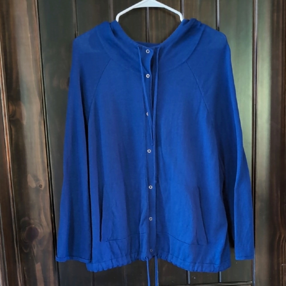 💠Eileen Fisher Hooded Blue Cardigan with Drawstrings and Pockets